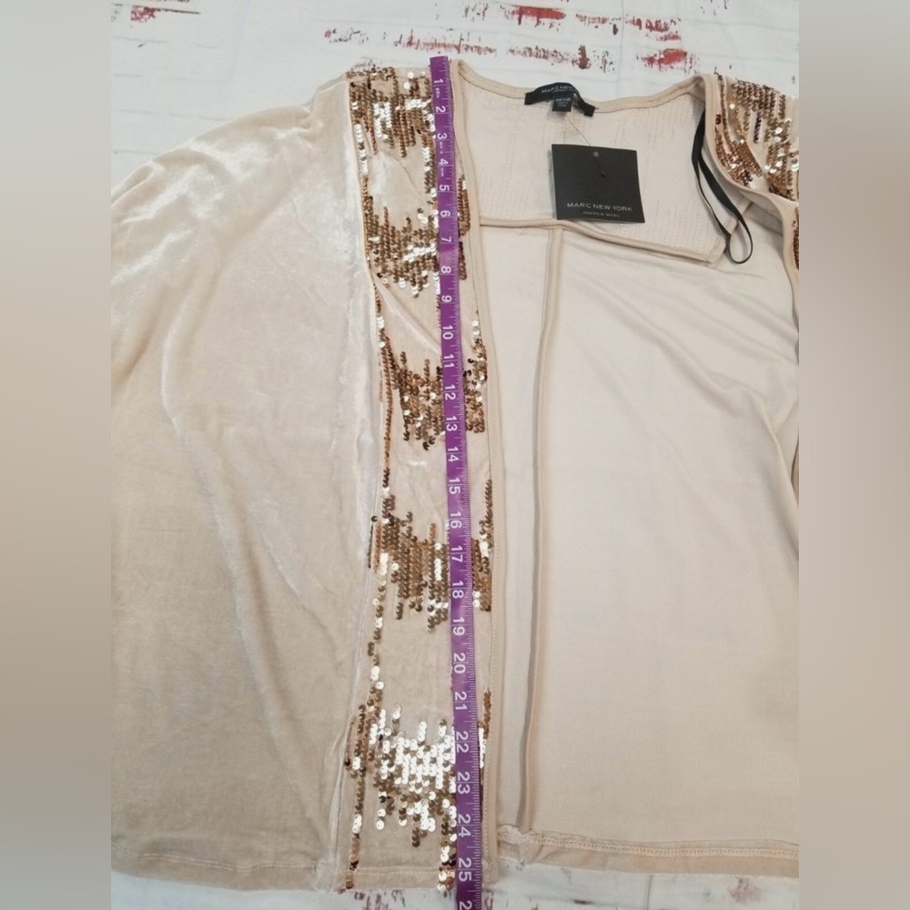 Andrew Marc New York One Size Open Front Lightweight Beige/Sequin Cardigan NWOT - Picture 4 of 11